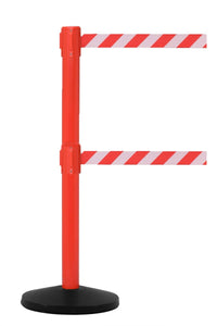 SafetyMasterTwin 13ft Dual-Belt ADA Compliant Retractable Belt Barrier, Red Stanchion Post, QueueSolutions SMTwin450R-BK130