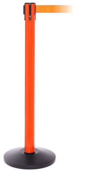 SafetyPro 250 Industrial-Tough Retractable Belt Barrier, Orange Stanchion Post, QueueSolutions SPRO250O-BK