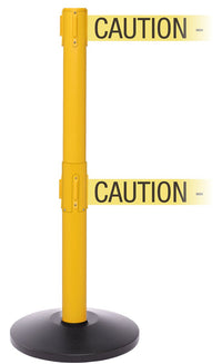 SafetyPro Twin Xtra Industrial-Tough Retractable Belt Barrier, Yellow Stanchion Post, QueueSolutions SPROTwin250Y-X-BK110