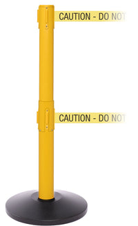 SafetyPro Twin Industrial-Tough Dual-Belt Retractable Belt Barrier, Yellow Stanchion Post, QueueSolutions SPROTwin250Y-BK