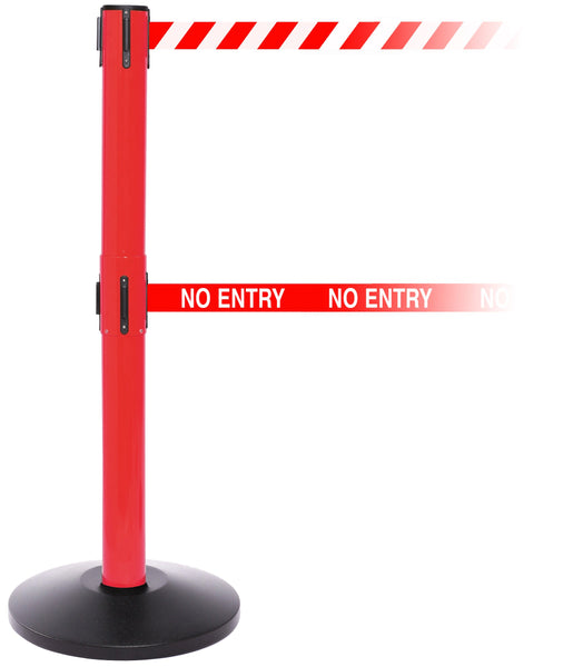 SafetyPro Twin 300 Industrial-Tough Dual-Belt Retractable Belt Barrier, Red Stanchion Post, QueueSolutions SPROTwin250R-BK