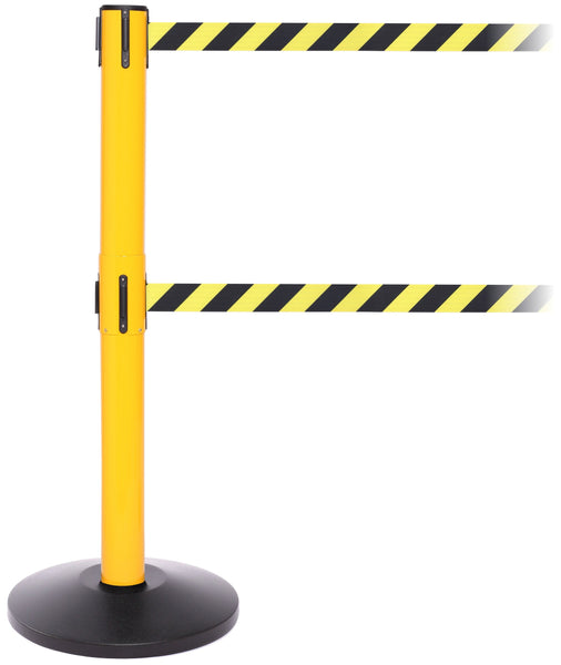 SafetyPro Twin 300 Industrial-Tough Dual-Belt Retractable Belt Barrier, Yellow Stanchion Post, QueueSolutions SPROTwin250Y-BK