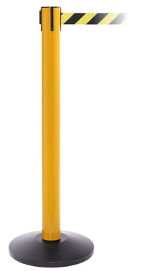 SafetyPro 300 Industrial-Tough Retractable Belt Barrier, Yellow Stanchion Post, QueueSolutions SPRO300Y-BK