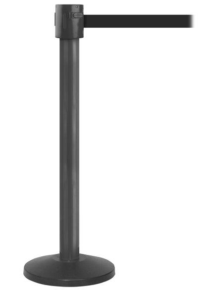 SafetyPro 335 Industrial-Tough 25ft Retractable Belt Barrier, Black Stanchion Post, QueueSolutions SPRO335B-BK25