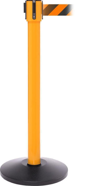 SafetyPro 335 Industrial-Tough 20ft Retractable Belt Barrier, Yellow Stanchion Post, QueueSolutions SPRO335Y-BK20