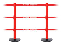 SafetyPro Triple-Belt Industrial-Tough Retractable Belt Barrier, Red Stanchion Post, QueueSolutions SPROTriple250R-BK