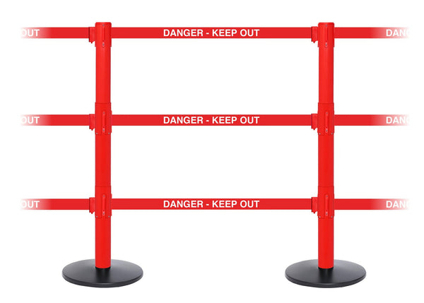 SafetyPro Triple-Belt Industrial-Tough Retractable Belt Barrier, Red Stanchion Post, QueueSolutions SPROTriple250R-BK