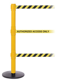 SafetyPro Triple-Belt Industrial-Tough Retractable Belt Barrier, Yellow Stanchion Post, QueueSolutions SPROTriple250Y-BK
