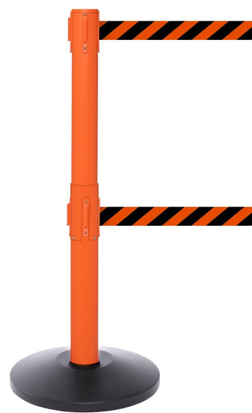 SafetyPro Twin 300 Industrial-Tough Dual-Belt Retractable Belt Barrier, Orange Stanchion Post, QueueSolutions SPROTwin300O-BK