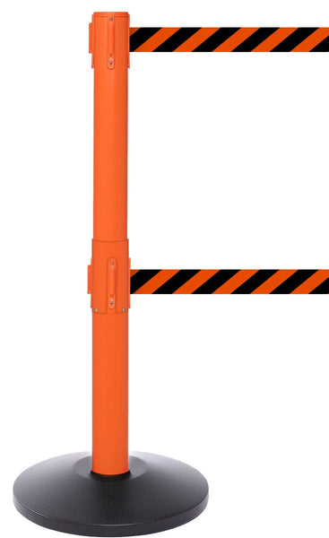 SafetyPro Twin Industrial-Tough Dual-Belt Retractable Belt Barrier, Orange Stanchion Post, QueueSolutions SPROTwin250O-BK