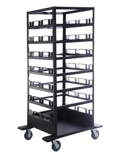 Portable Retractable Belt Barrier Stanchion Post Storage Cart, Horizontal 21-Post Capacity, QueueSolutions STCART21H-2.0