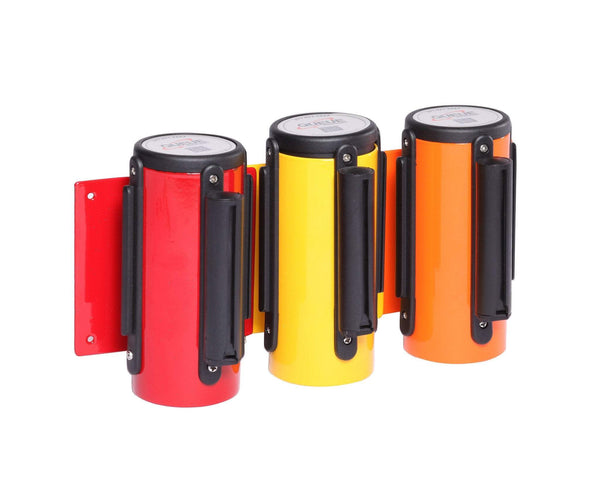 WallMaster 3in Xtra Wide 10ft Wall Mount Retractable Belt Barrier Red Orange Yellow, QueueSolutions WM300Y-X-BK100