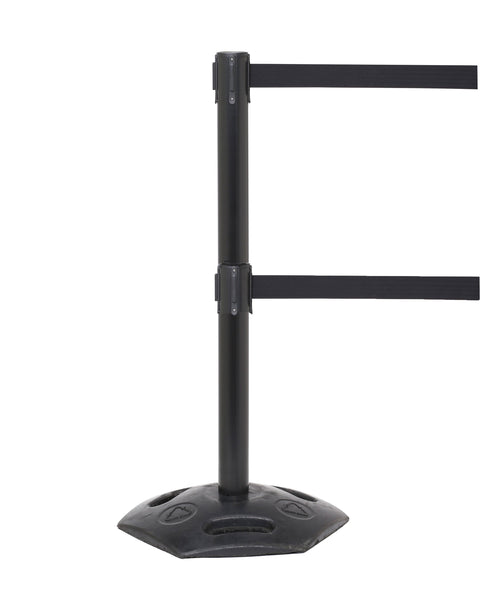 WeatherMaster Twin 250 Dual-Belt Extreme-Duty Outdoor Retractable Belt Barrier, Black Stanchion Post, QueueSolutions WMRTwin250B-BK