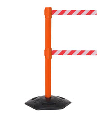 WeatherMaster Twin 250 Dual-Belt Extreme-Duty Outdoor Retractable Belt Barrier, Orange Stanchion Post, QueueSolutions WMRTwin250O-BK