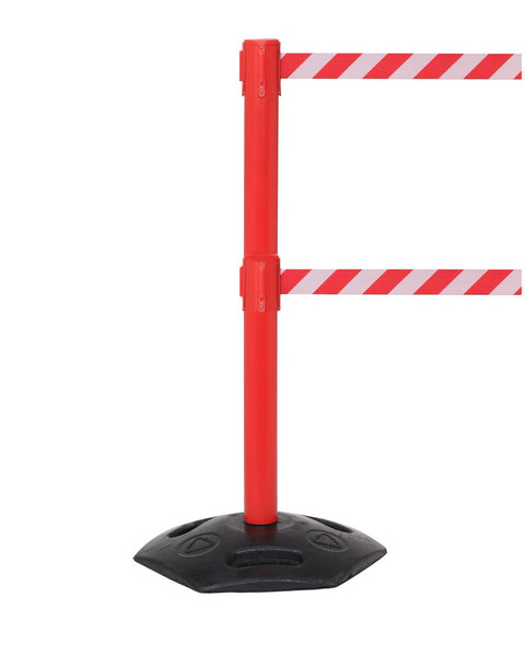 WeatherMaster Twin 250 Dual-Belt Extreme-Duty Outdoor Retractable Belt Barrier, Red Stanchion Post, QueueSolutions WMRTwin250R-BK