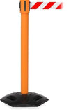 WeatherMaster 335 Extreme-Duty Outdoor Retractable Belt Barrier, Orange Stanchion Post w Rubber Base, 35ft Belt, QueueSolutions WMR335O-BK35