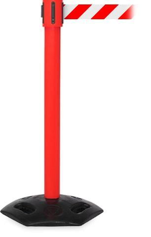 WeatherMaster 335 Extreme-Duty Outdoor Retractable Belt Barrier, Red Stanchion Post w Rubber Base, 35ft Belt, QueueSolutions WMR335R-BK35