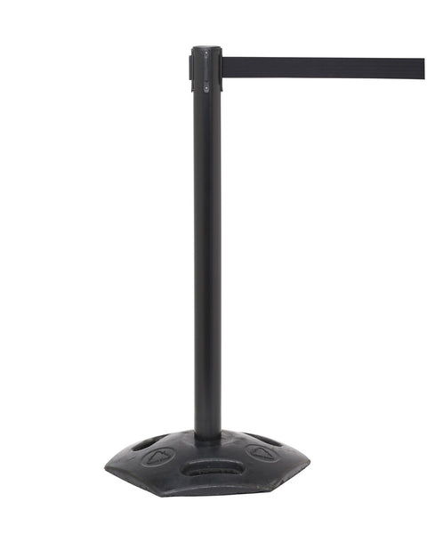 WeatherMaster 250 Extreme-Duty Retractable Belt Barrier, Black Stanchion Post w Rubber Base, QueueSolutions WMR250B-BK