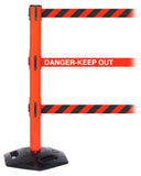 WeatherMaster Triple 250 3-Belt Extreme-Duty Outdoor Retractable Belt Barrier, Red Stanchion Post, QueueSolutions WMRTriple250R-BK