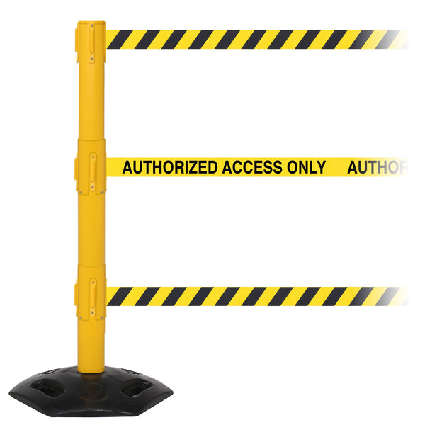 WeatherMaster Triple 250 3-Belt Extreme-Duty Outdoor Retractable Belt Barrier, Yellow Stanchion Post, QueueSolutions WMRTriple250Y-BK