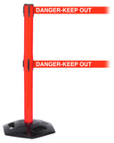 WeatherMaster Twin 300 Extreme-Duty Outdoor 16ft Dual-Belts Retractable Belt Barrier, Red Stanchion Post, QueueSolutions WMRTwin300R-BK