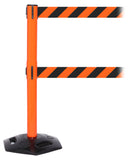 WeatherMaster Twin Xtra Wide Dual-Belt Outdoor Retractable Belt Barrier, Orange Stanchion Post, 3in x 11ft Belts, QueueSolutions WMRTwin250X-O-BK110