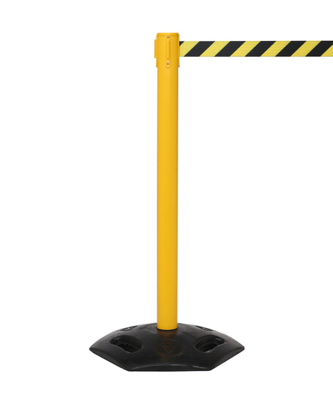 WeatherMaster 250 Extreme-Duty Retractable Belt Barrier, Yellow Stanchion Post w Rubber Base, QueueSolutions WMR250Y-BK