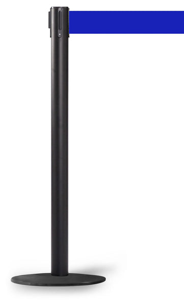WeatherPro 250 Xtra Wide Belt Outdoor Retractable Belt Barrier, Black Stanchion Post w Milled Aluminum Base, 3in x 11ft Belt, QueueSolutions WPRO250X-B-BK