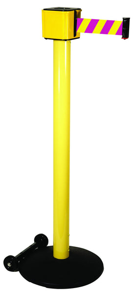 Retracta-Belt 30ft Hyper-Strength Nuclear Safety Magenta /Yellow Retractable Belt Barrier w Wheeled Stanchion Post, Visiontron PM412-30BA-YMD