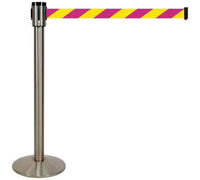 Retracta-Belt 15ft Nuclear Safety Magenta/Yellow Retractable Belt Barrier w Satin Aluminum Stanchion Post, Visiontron 320SASS-MYD
