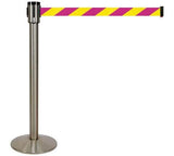 Retracta-Belt 15ft Nuclear Safety Magenta/Yellow Retractable Belt Barrier w Satin Aluminum Stanchion Post, Visiontron 320SASS-MYD