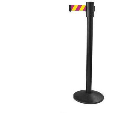 Retracta-Belt Outdoor 10ft Magenta/Yellow Nuclear Safety Retractable Belt Barrier w Black Aluminum Stanchion Post, Visiontron 391SB-MYD