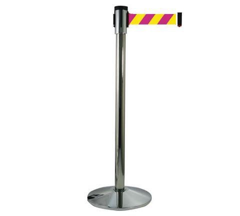 Retracta-Belt Outdoor 10ft Magenta/Yellow Nuclear Safety Retractable Belt Barrier w Polished Chrome Stanchion Post, Visiontron 390PC-MYD
