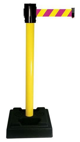 Retracta-Belt Outdoor 15ft Magenta/Yellow Nuclear Safety Retractable Belt Barrier w Aluminum Utility Stanchion Post, Visiontron 322BA-MYD
