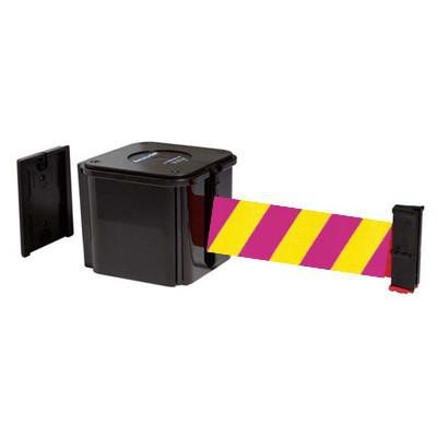 Retracta-Belt Wall Mount Retractable Belt Barrier, Black Body, Magenta/Yellow Nuclear Safety Belt, Visiontron WM412SB15-MYD-RE