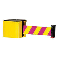 Retracta-Belt Wall Mount Retractable Belt Barrier, Yellow Body, Magenta/Yellow Nuclear Safety Belt, Visiontron WM412YW15-MYD-RE