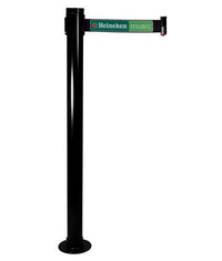 Retracta-Belt Hyper-Strength 10ft Single Line Retractable Belt Barrier w Fixed Floor Mount Stanchion Post, 300FSB-BK