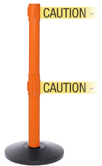 SafetyPro Twin Xtra Industrial-Tough Retractable Belt Barrier, Orange Stanchion Post, QueueSolutions SPROTwin250O-X-BK110