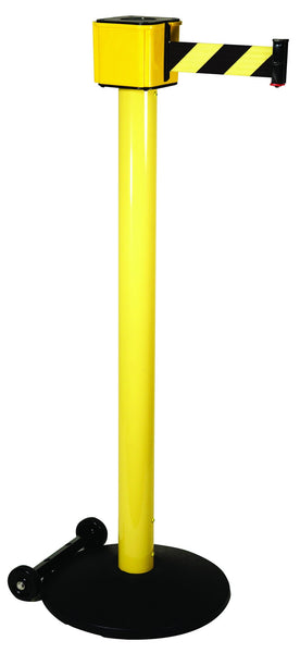 Retracta-Belt 30ft Hyper-Strength Single Line Retractable Belt Barrier w Wheeled Stanchion Post, Visiontron PM412-30BA-BK