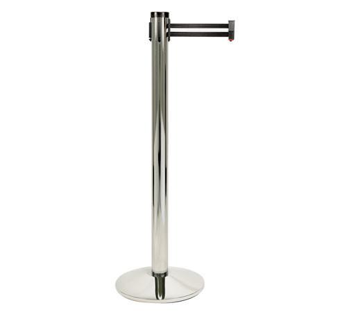 Retracta-Belt 10ft Hyper-Strength Single Line Retractable Belt Barrier w Polished Aluminum Stanchion Post, Visiontron 300PAPC-BK