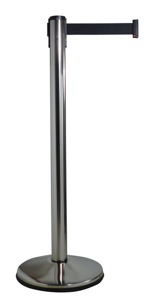 Retracta-Belt Prime 10ft Single Line Retractable Belt Barrier, Polished Stainless Stanchion Post, Visiontron 100PS1-BK