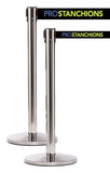 QueueMaster Xtra 3in Wide x 11ft Economy Retractable Belt Barrier, Polished Stainless Stanchion Post, QueueSolutions QM550PS-X-BK110