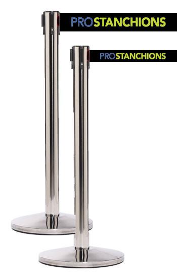QueueMaster Xtra 3in Wide x 11ft Economy Retractable Belt Barrier, Polished Stainless Stanchion Post, QueueSolutions QM550PS-X-BK110