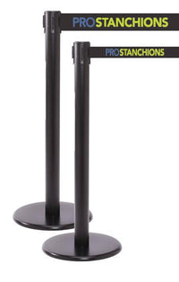 QueuePro Xtra 3in Wide Retractable Belt Barrier, Black Stanchion Post, QueueSolutions PRO250B-X-BK110