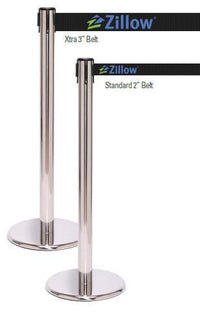 QueueProXtra Wide Retractable Belt Barrier, Polished Chrome Stanchion Post, 3in Wide Belt, QueueSolutions PRO250PC-X-BK110