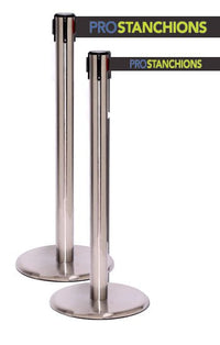 QueuePro 250 Xtra Wide Retractable Belt Barrier, Satin Chrome Stanchion Post, 3in Wide Belt, QueueSolutions PRO250SC-X-BK110