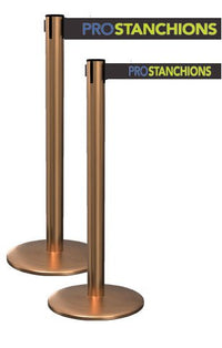 QueuePro 250 Xtra Wide Retractable Belt Barrier, Satin Brass Stanchion Post, 3in Wide Belt, QueueSolutions PRO250SB-X-BK110