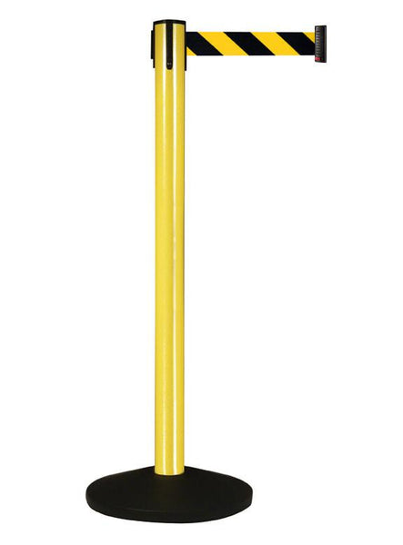 Retracta-Belt Prime 10ft Outdoor Retractable Belt Barrier, Yellow Aluminum Stanchion Post, Visiontron 101YA-BK