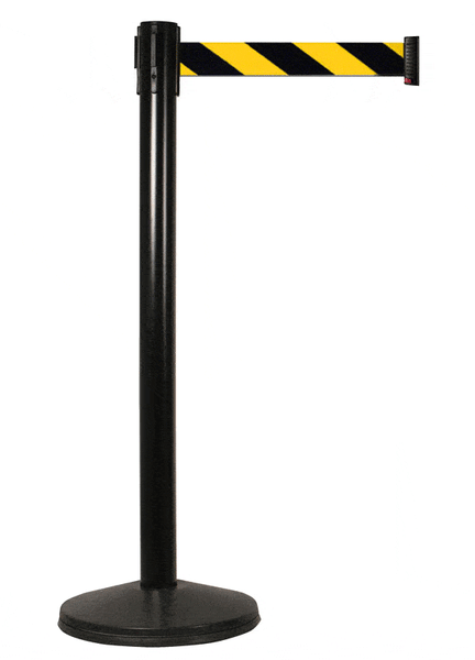 Retracta-Belt Prime 10ft Outdoor Retractable Belt Barrier, Black Aluminum Stanchion Post, Visiontron 101BA-BK