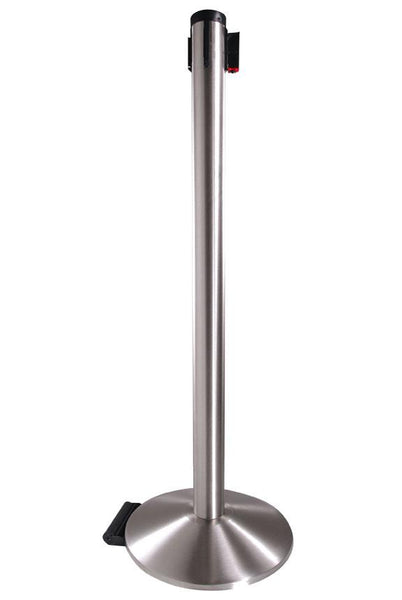 Retracta-Belt 10ft Hyper-Strength Barrier w Rectracta-Wheel, Satin Aluminum Stanchion Post, Visiontron 304SASS-BK